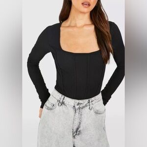 House of Harlow 1960 Black Square Neckline Corset Long Sleeve Thong Bodysuit XL